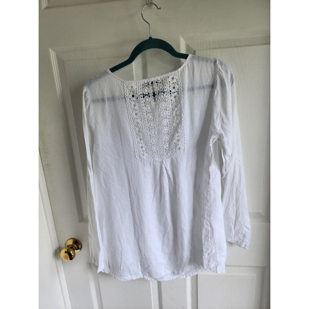 Terzo Millennio S Blouse Tunic Top 100% italian Linen Roll Tab Sleeve Lace Back - Picture 2 of 7
